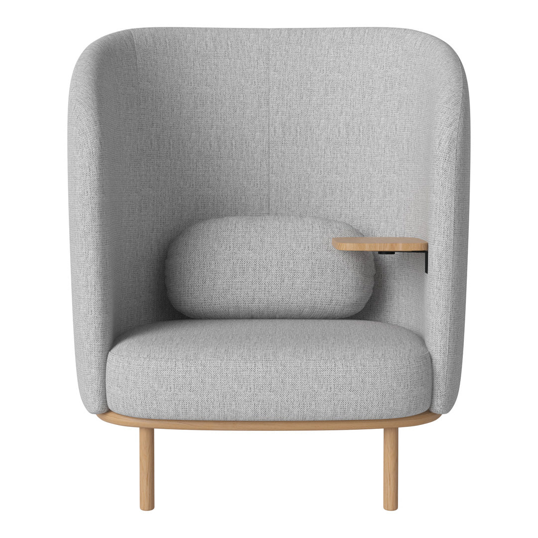 Light gray upholstered chair with sleek lines and a cozy round cushion, featuring wooden legs for a modern touch.