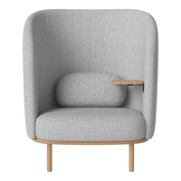 Light gray upholstered chair with sleek lines and a cozy round cushion, featuring wooden legs for a modern touch.
