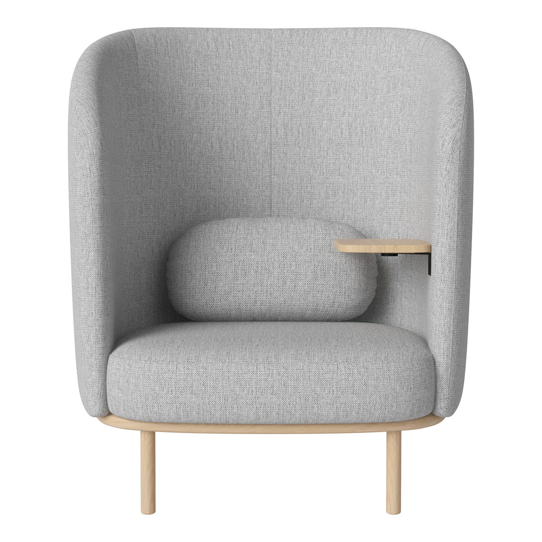 Gray upholstered accent chair with smooth texture and natural wood legs, featuring a rounded cushion and minimalist design.