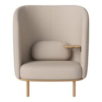 Beige upholstered chair with a smooth texture and minimalist design, featuring a subtle pattern and wooden accents.