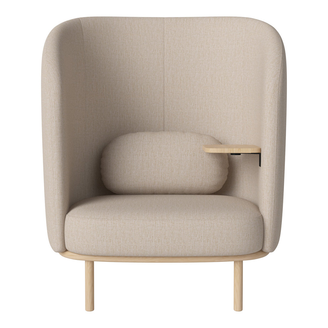 Beige upholstered armchair with a smooth texture and minimalist design, featuring a curved back and wooden legs.