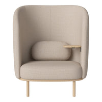 Beige upholstered armchair with a smooth texture and minimalist design, featuring a curved back and wooden legs.