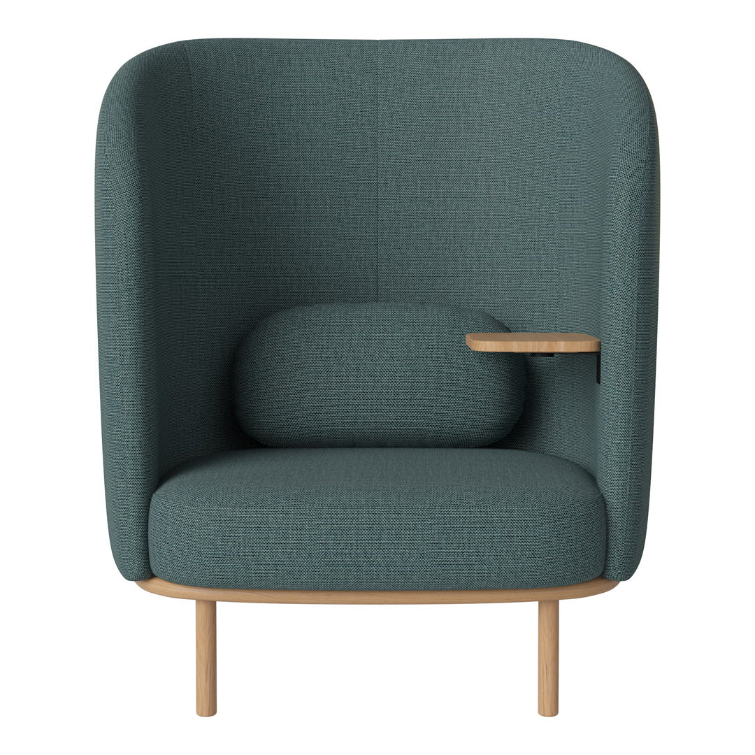 Teal upholstered armchair with textured fabric, featuring a smooth wood armrest and minimalist design.