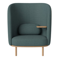 Teal upholstered armchair with textured fabric, featuring a smooth wood armrest and minimalist design.