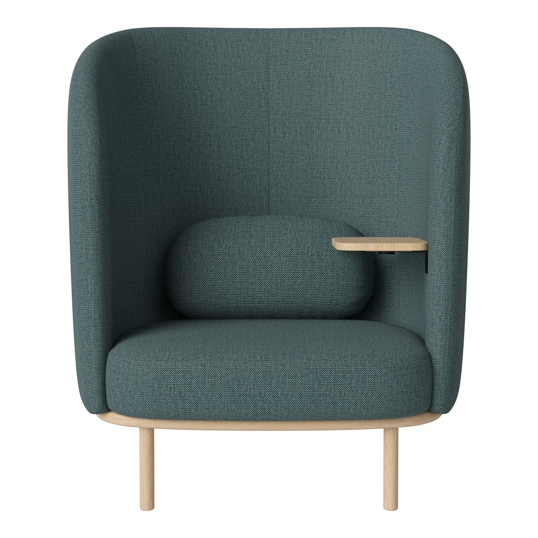 Teal upholstered armchair with a textured fabric and light wood legs, featuring a round cushion and side table.