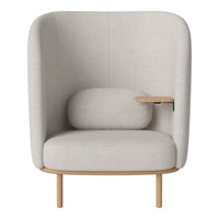 Light grey upholstered accent chair with smooth, minimalist design and natural wood legs, perfect for modern decor.