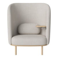 Light gray upholstered chair with smooth curves and a minimalist wooden base, featuring a matching lumbar pillow.