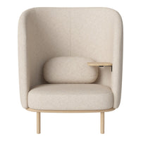 Beige upholstered armchair with soft, rounded patterns and wood accents, ideal for modern decor.