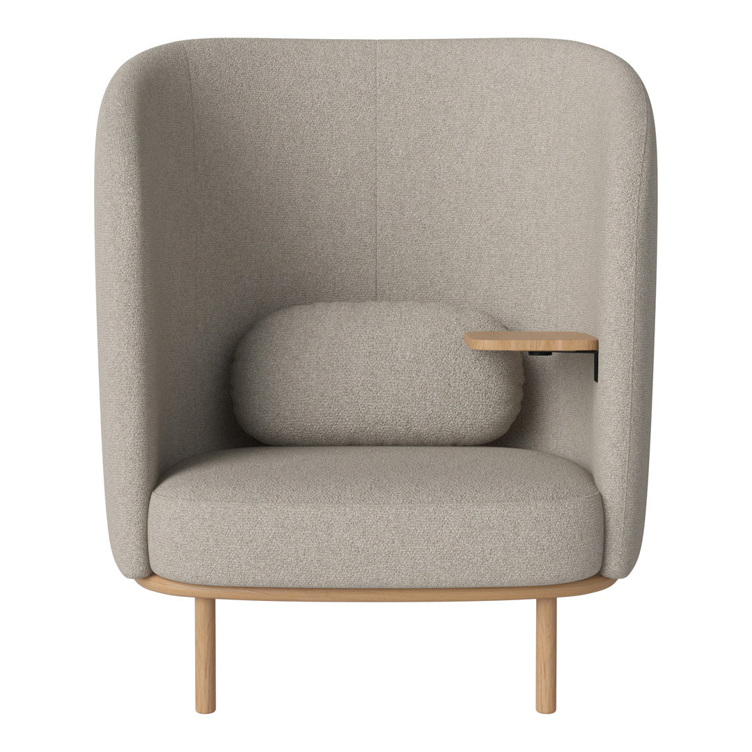 Gray upholstered chair with smooth, minimalist design and light wood accents. Ideal for modern home decor.