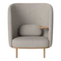 Gray upholstered chair with smooth, minimalist design and light wood accents. Ideal for modern home decor.