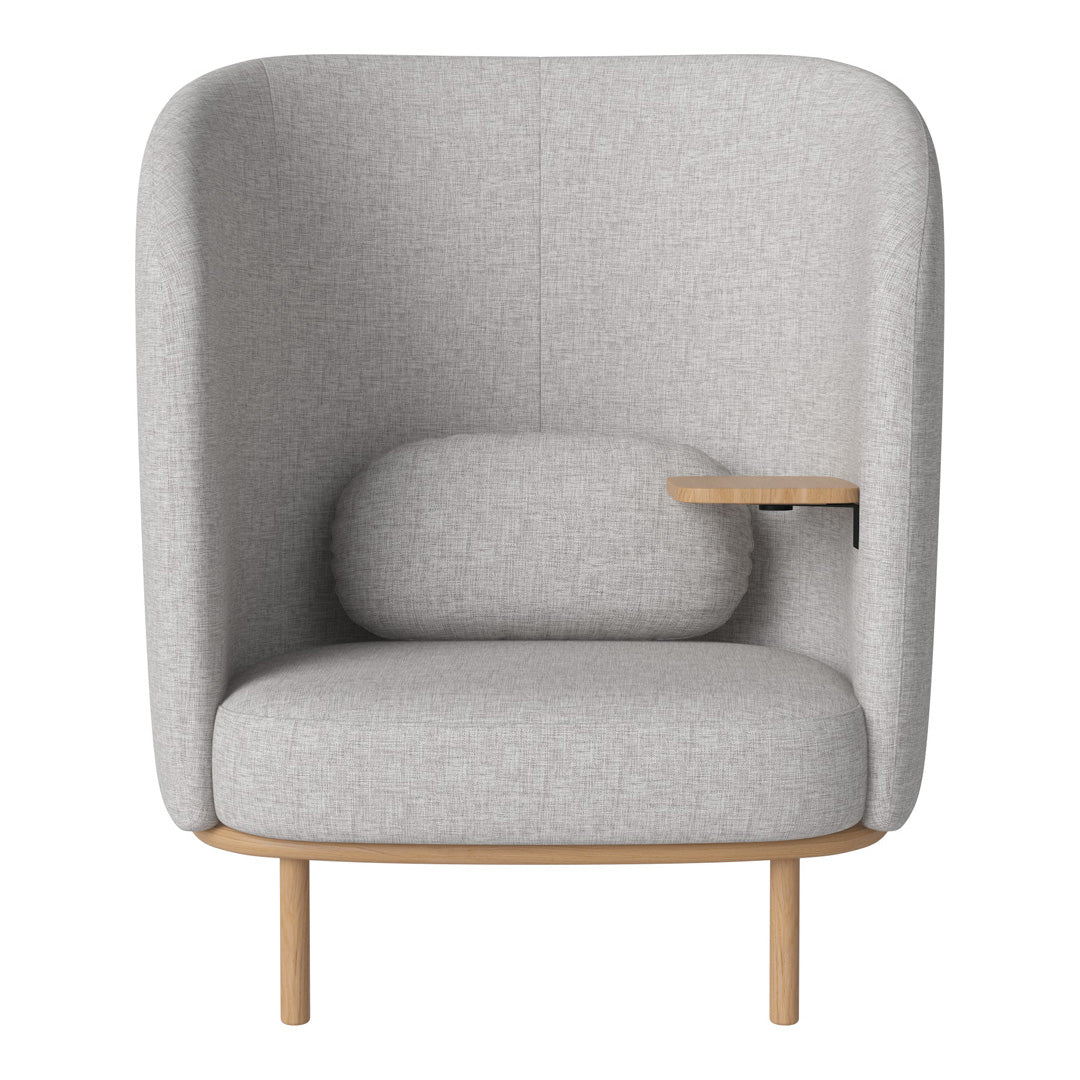 Light gray upholstered chair with a smooth, minimalist design and a light wood base, featuring a curved backrest.