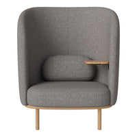 Gray upholstered high-back chair with a curved design and a wooden armrest, featuring a textured pattern.