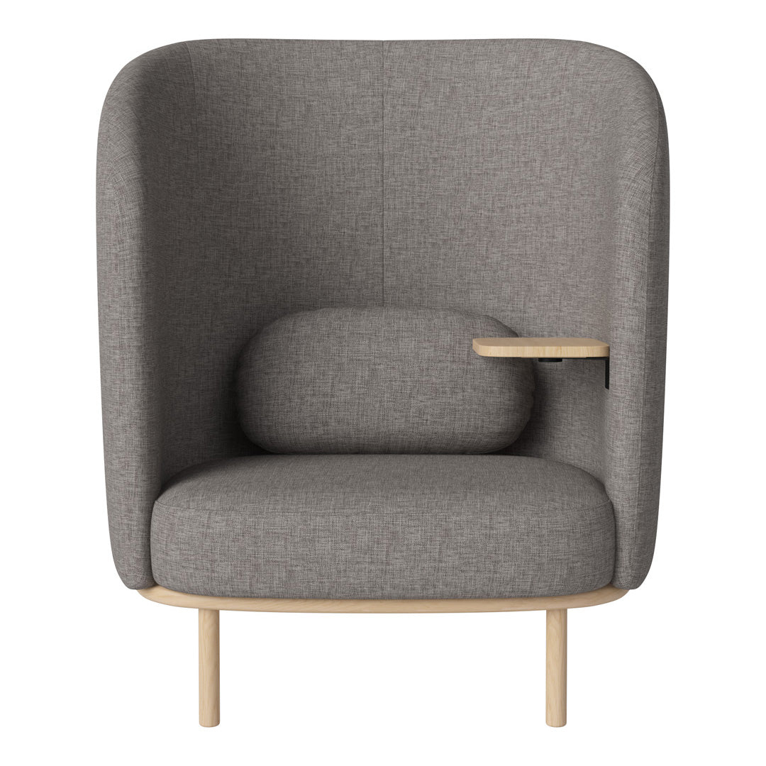 Grey upholstered armchair with a minimalist design, featuring a wooden accent and soft, smooth textures.