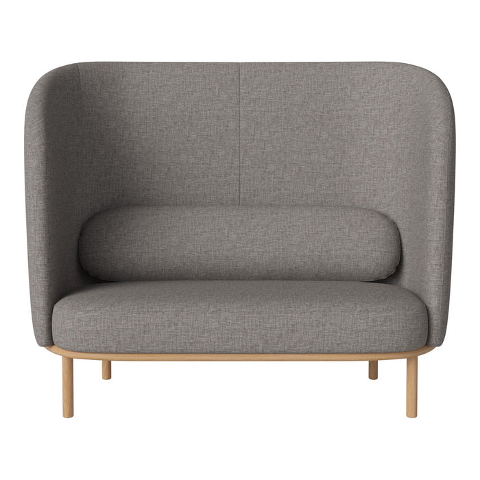 Gray upholstered loveseat with smooth, rounded edges and light wood legs, featuring a minimalist design.