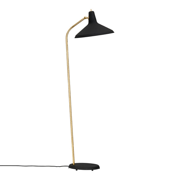 Black and gold modern floor lamp with a sleek, minimal design and clean lines. Perfect for contemporary decor.