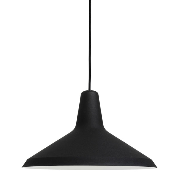 Black pendant lamp with a sleek, matte finish and a modern conical shape, perfect for contemporary decor.
