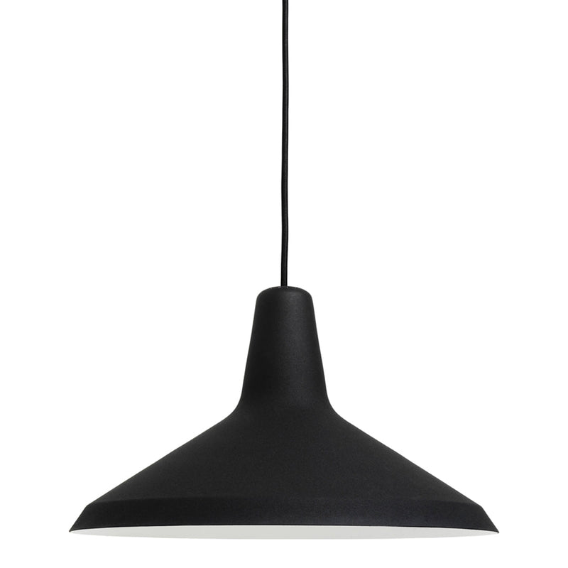 Black pendant lamp with a sleek, matte finish and a modern conical shape, perfect for contemporary decor.