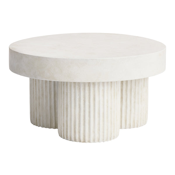 Round white coffee table with a smooth top and ribbed cylindrical legs, featuring a clean, minimalist design.