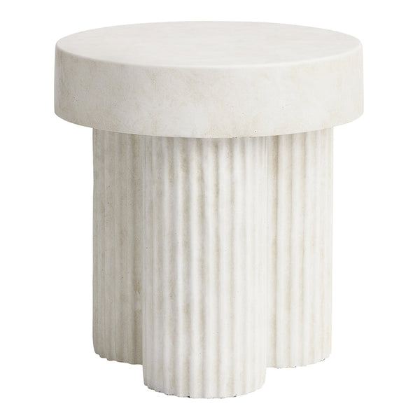 Round white side table with ribbed texture and smooth finish, perfect for modern decor.