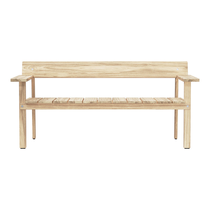Natural wood bench with a light, honey-toned finish and simple slatted design, ideal for outdoor settings.