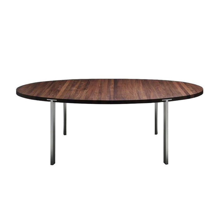 "Elegant oval dining table with a rich dark wood grain and sleek silver metal legs."