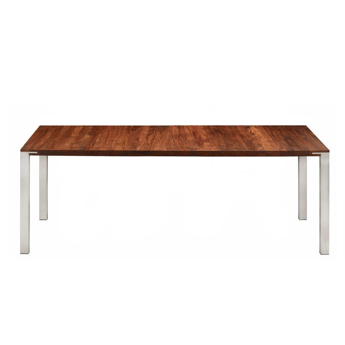 Wooden table with a rich brown finish and sleek silver metal legs. Minimalist design with a smooth surface.