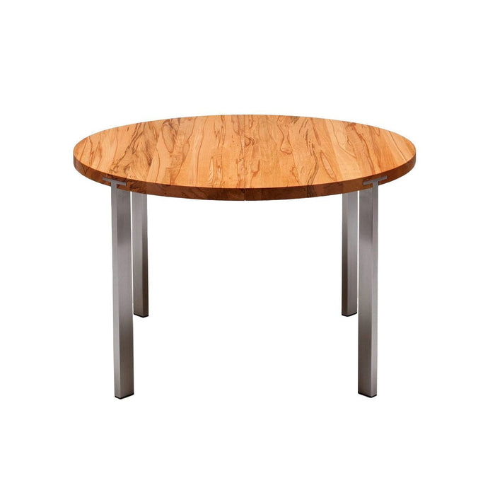 Round wooden table with a natural, striped pattern and stainless steel legs for a modern touch.
