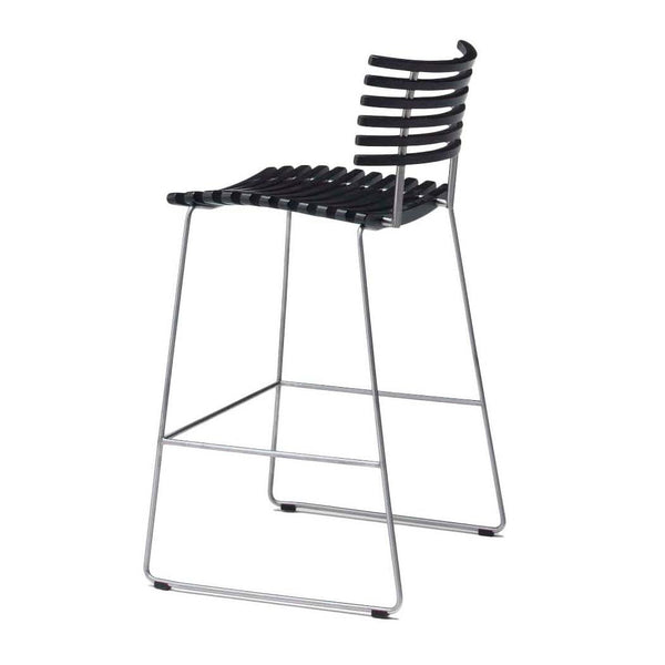 Black striped bar stool with a sleek metal frame, featuring a modern and minimalist design.