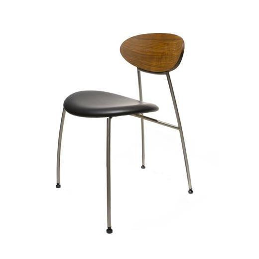 Mid-century modern chair featuring a dark gray seat and warm wood backrest with sleek metal legs.