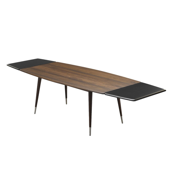 Wooden dining table with a dark walnut finish and sleek black accents on the edges. Elegant mid-century modern design.