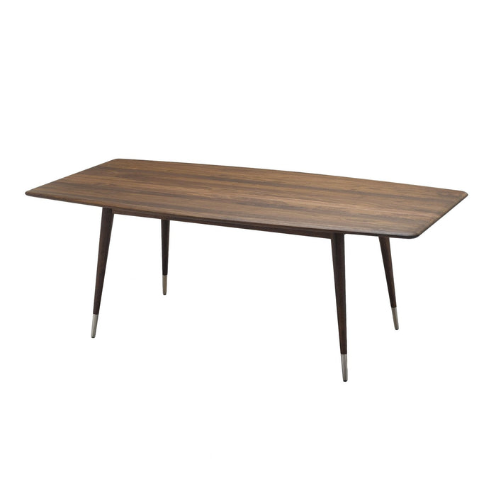 Mid-century modern wooden dining table in dark walnut finish with sleek, tapered legs.