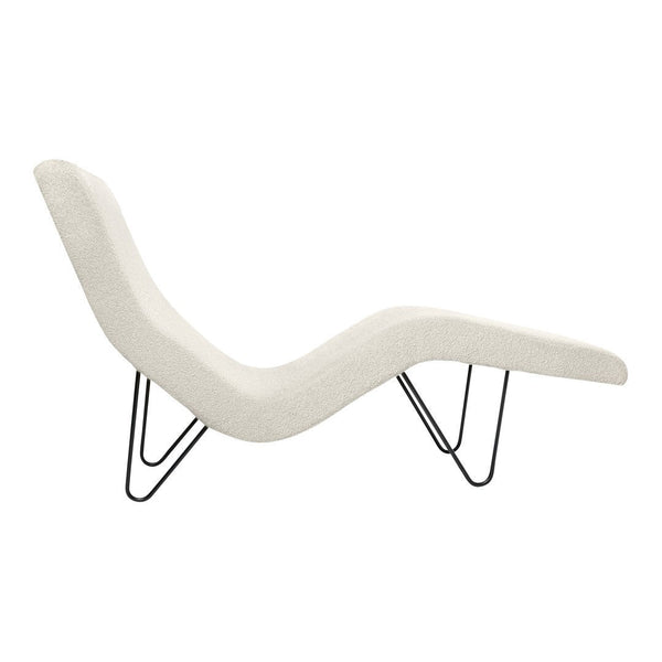 Modern white chaise lounge with a sleek, minimalist design and black wire legs. Perfect for contemporary decor.
