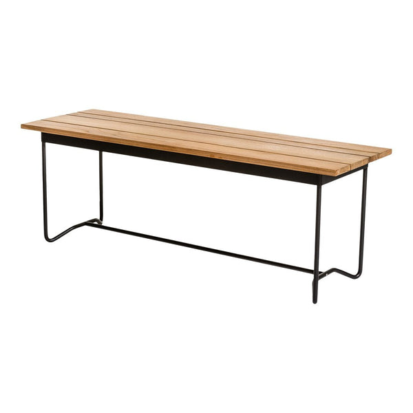 Wooden slatted tabletop in natural tan with sleek black metal legs for a modern look. Perfect for any outdoor space.