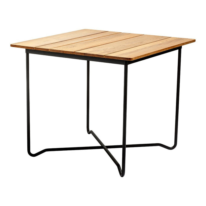 Square wooden table with a natural wood finish and sleek black metal legs. Simple, modern design for versatile use.