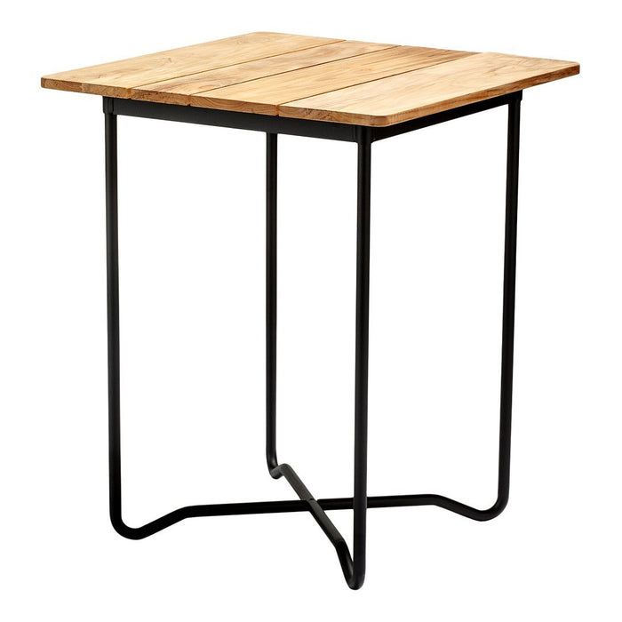 Natural wooden tabletop with a slatted design, framed by a sleek black metal base. Perfect for modern spaces.
