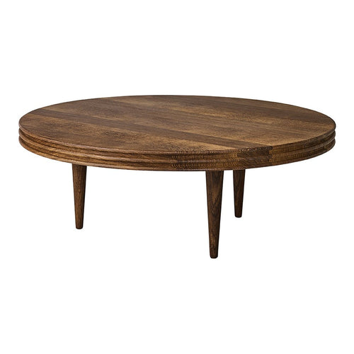Round coffee table in rich brown wood with a smooth finish and subtle textural patterns. Mid-century modern design.