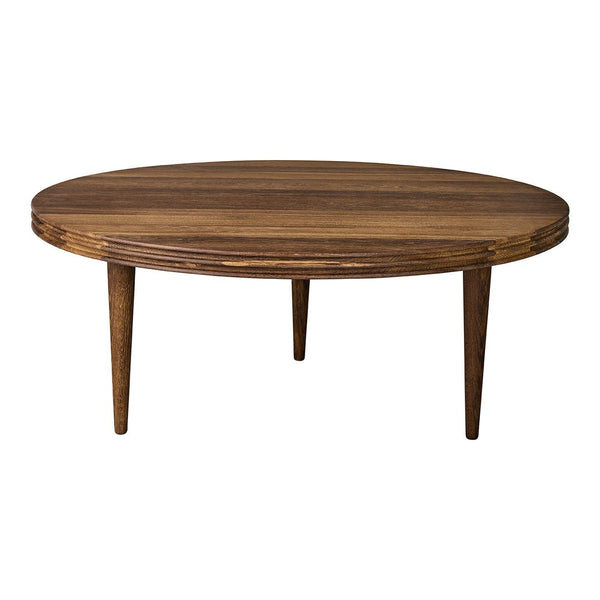 Round wooden coffee table in rich brown tones, showcasing a sleek, smooth surface and minimalist design.