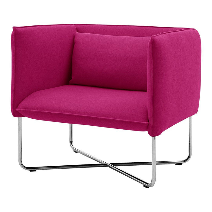 Bright fuchsia fabric chair with clean lines and modern chrome legs. Ideal for contemporary spaces.