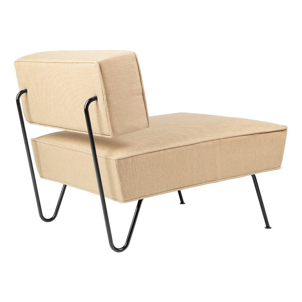 Beige textured fabric lounge chair with minimalist black metal legs, perfect for modern interior decor.