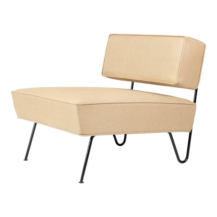 Beige upholstered chair with a minimalist design and black metal legs. Simple, modern, and versatile style.