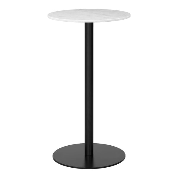 Round white marble top with a sleek black metal base, featuring minimalistic design and modern aesthetics.