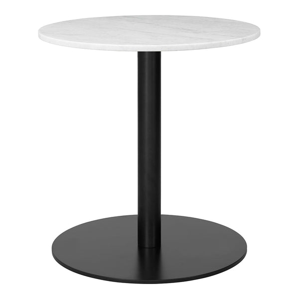 Round table with a sleek white marble top and a modern black metal base. Ideal for stylish decor.