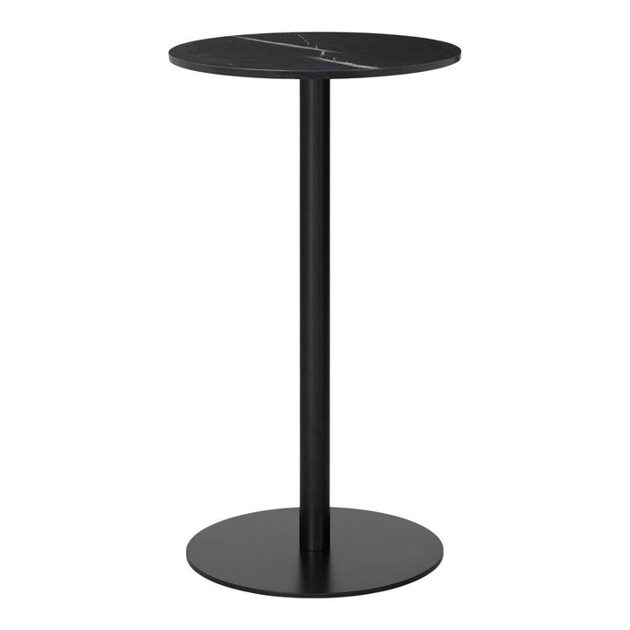 Black round side table with a sleek, minimalist design and a smooth finish. Subtle linear pattern on the tabletop.