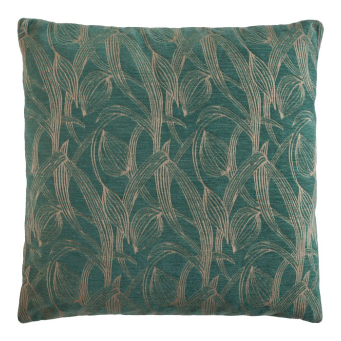 Teal decorative pillow featuring a subtle floral pattern in light beige. Perfect for adding a pop of color.