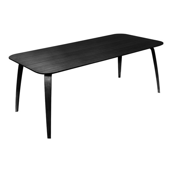 Sleek black rectangular dining table with smooth surface and elegant tapered legs, perfect for modern décor.