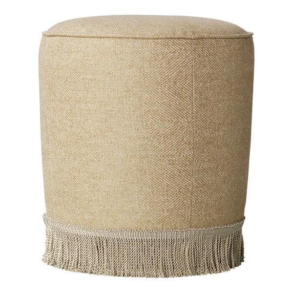 Round beige ottoman with textured fabric and a fringed hem detail. Perfect for accenting any room decor.