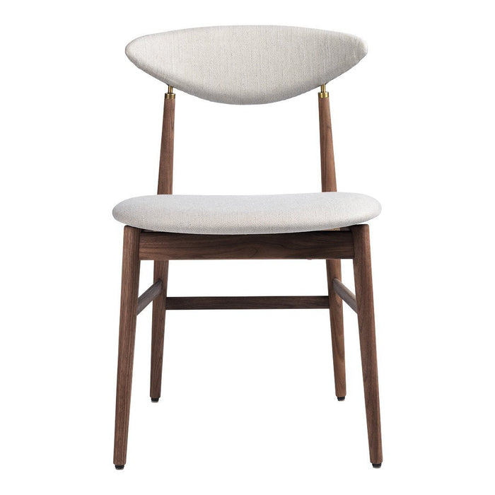 Light gray fabric chair with a curved backrest and walnut wood legs, featuring a minimalist design.