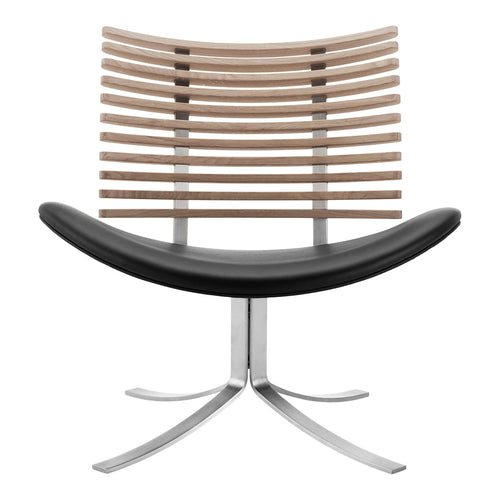 Black leather chair with a stylish wooden slat backrest and a sleek chrome base, creating a modern aesthetic.