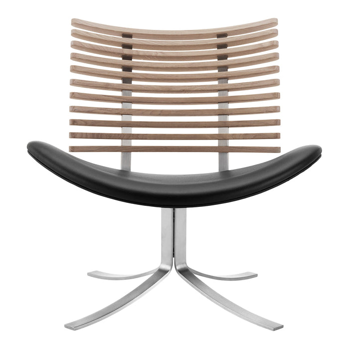 Black leather chair with a stylish wooden slat backrest and a sleek chrome base, creating a modern aesthetic.