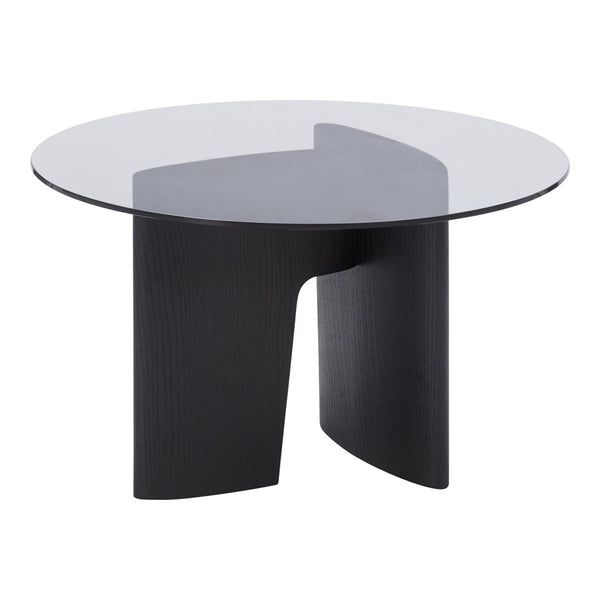 Modern round glass coffee table with a sleek black base, featuring smooth, minimalist contours and geometric shapes.